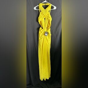 Ieena for Mac Duggal 27415 NWT Ruched Yellow Halter Wrap Dress